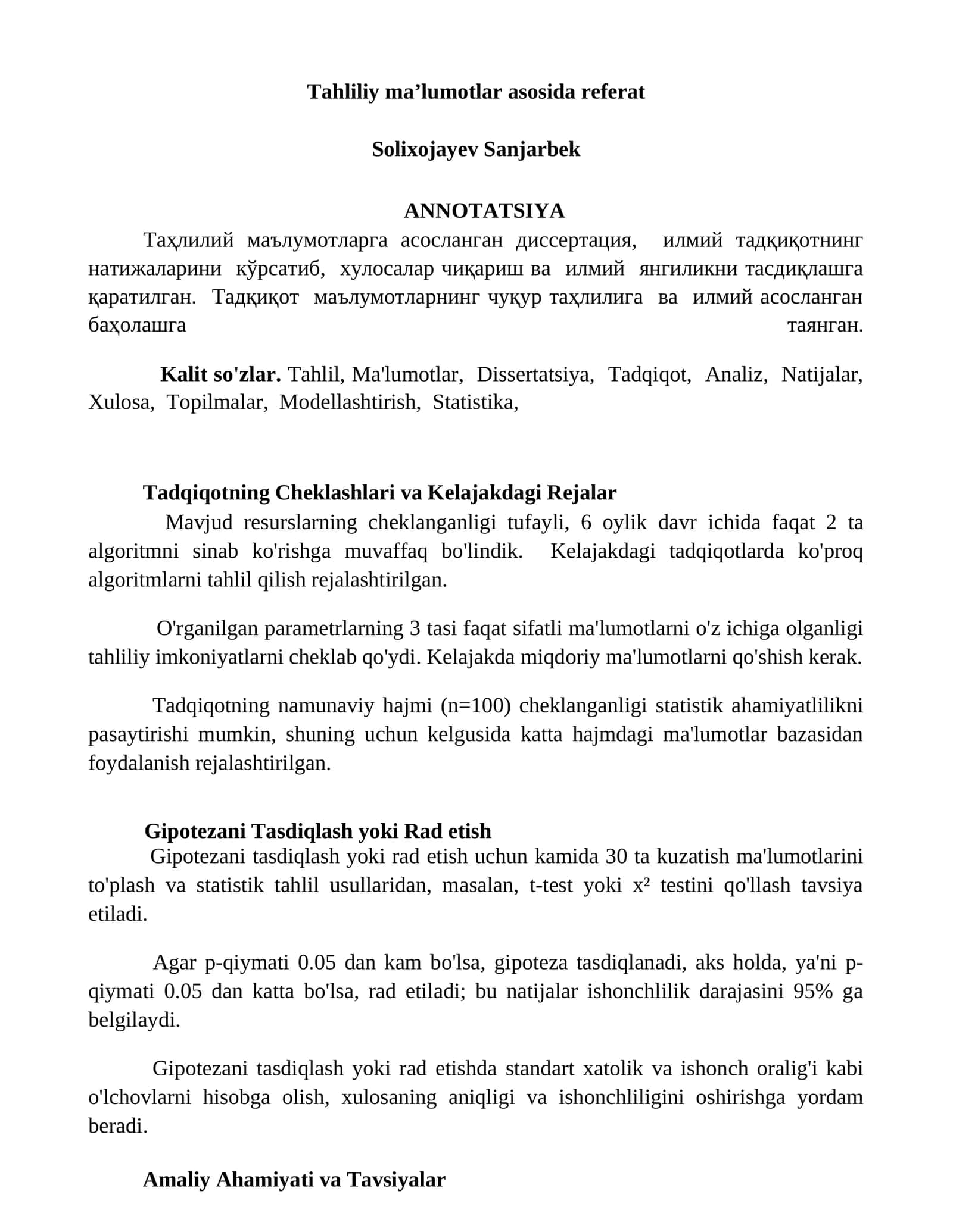 Tahliliy maʼlumotlar asosida referat 1
