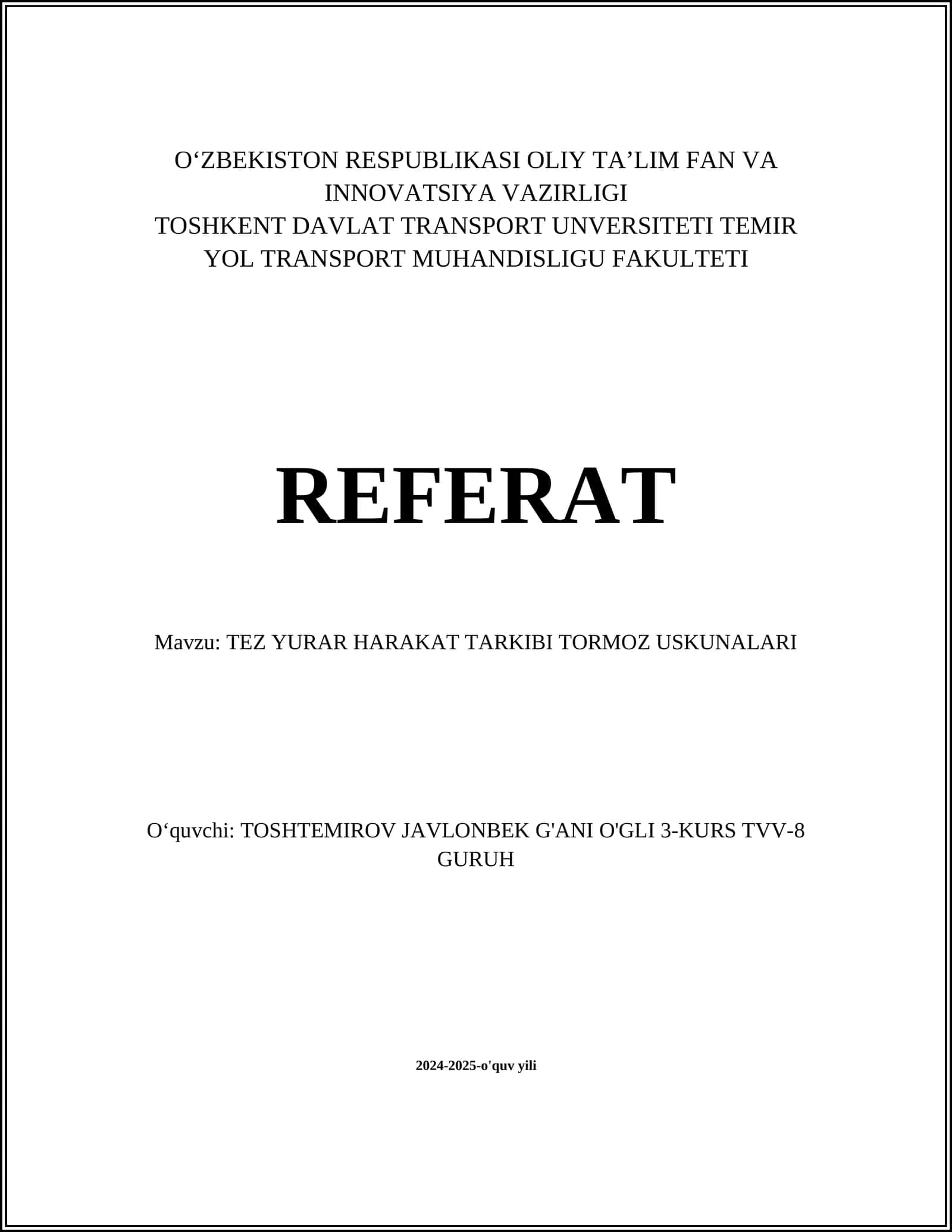 TEZ YURAR HARAKAT TARKIBI TORMOZ USKUNALARI 1