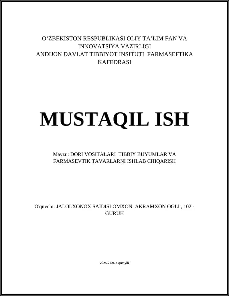 DORI VOSITALARI TIBBIY BUYUMLAR VA FARMASEVTIK TAVARLARNI ISHLAB CHIQARISH 1