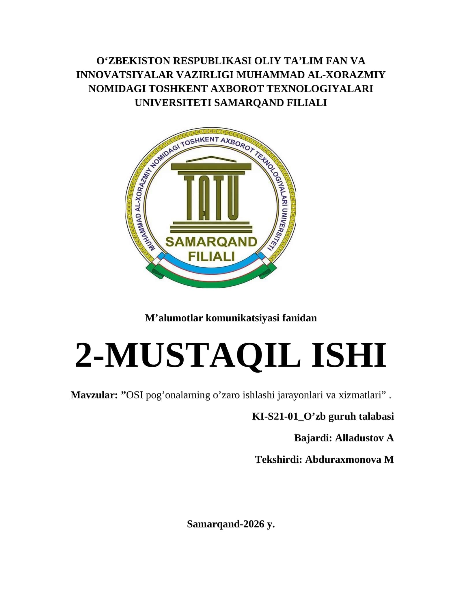 OSI pog’onalarning o’zaro ishlashi jarayonlari va xizmatlari 1