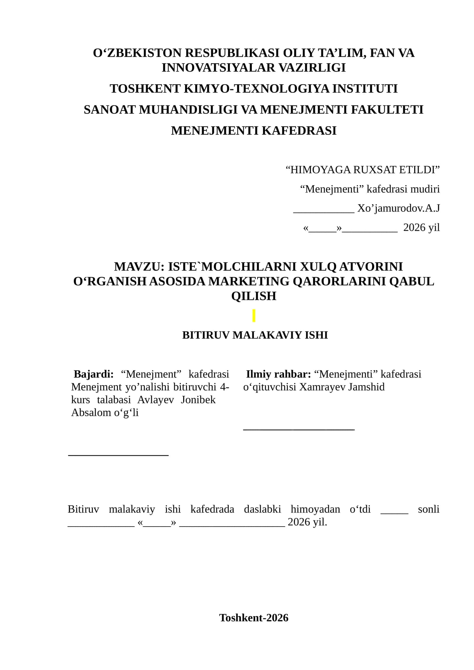 ISTE`MOLCHILARNI XULQ ATVORINI O‘RGANISH ASOSIDA MARKETING QARORLARINI QABUL QILISH 1