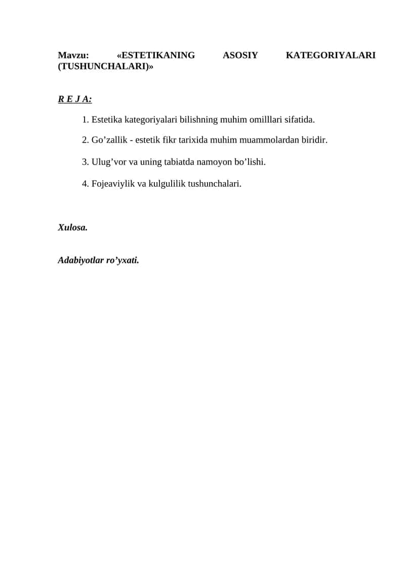 ESTETIKANING ASOSIY KATEGORIYALARI (TUSHUNCHALARI) 1
