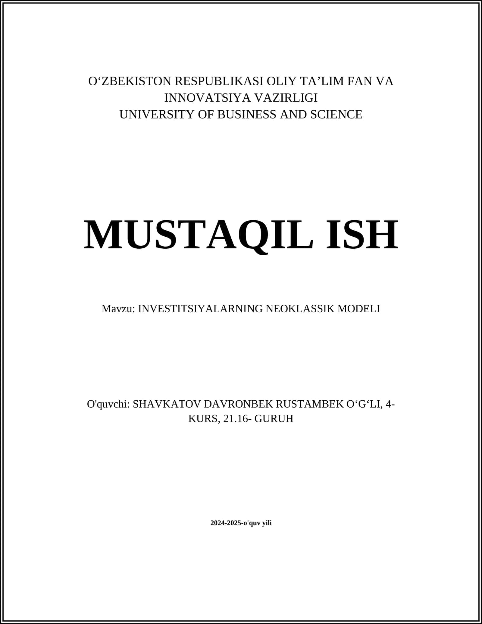 INVESTITSIYALARNING NEOKLASSIK MODELI 1
