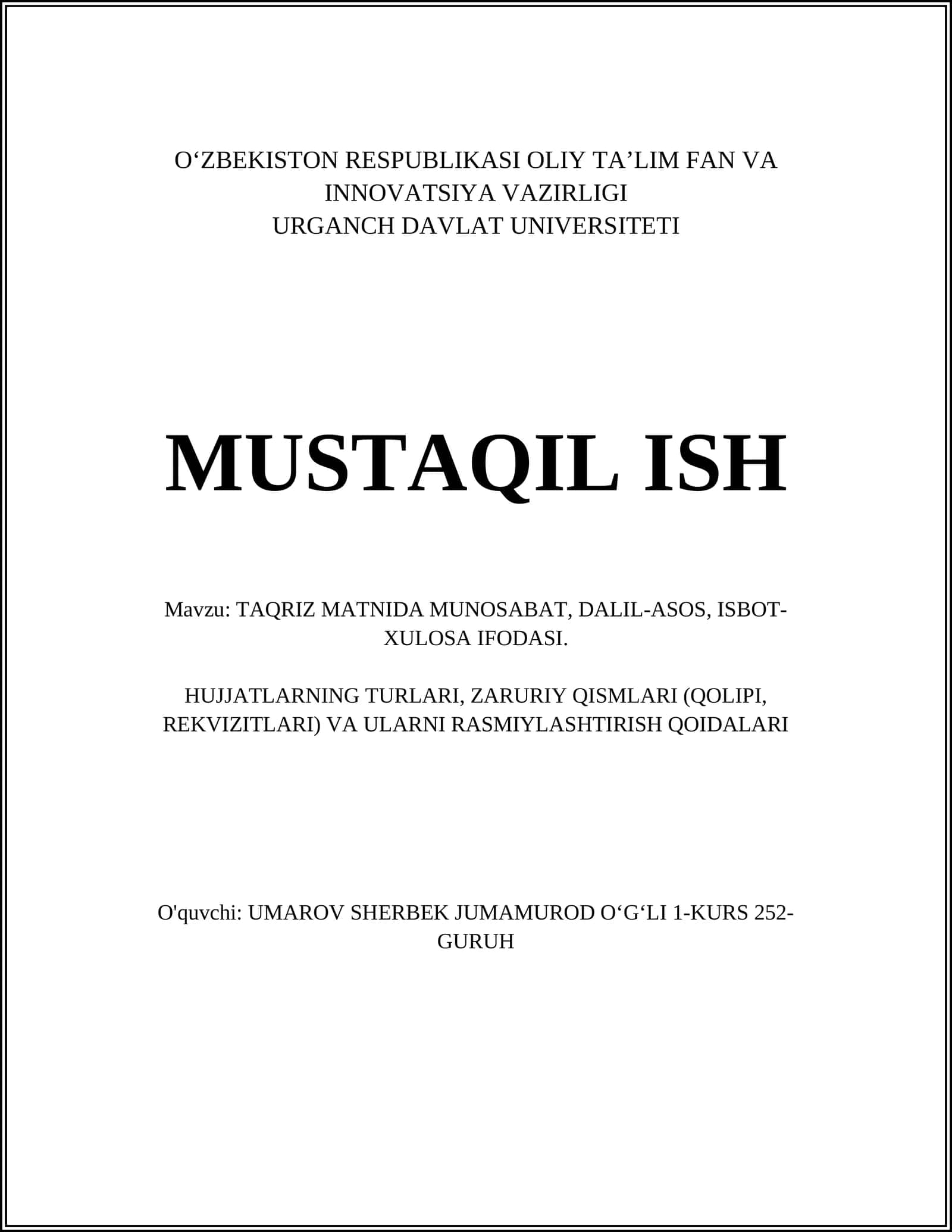 TAQRIZ MATNIDA MUNOSABAT, DALIL-ASOS, ISBOT-XULOSA IFODASI 1