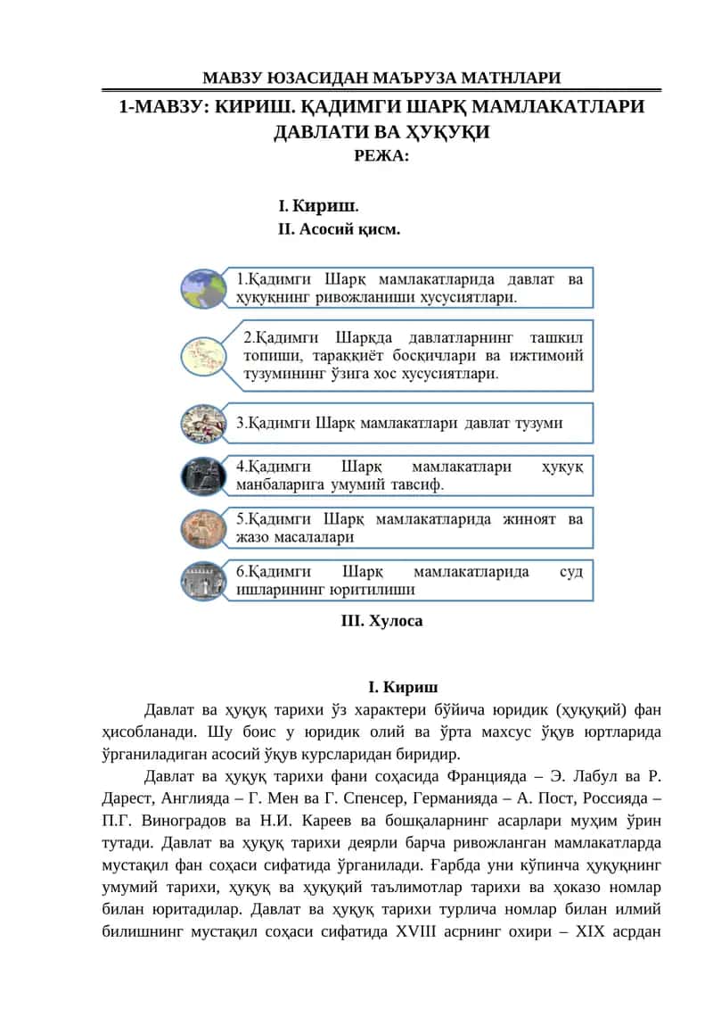 КИРИШ. ҚАДИМГИ ШАРҚ МАМЛАКАТЛАРИ ДАВЛАТИ ВА ҲУҚУҚИ 1