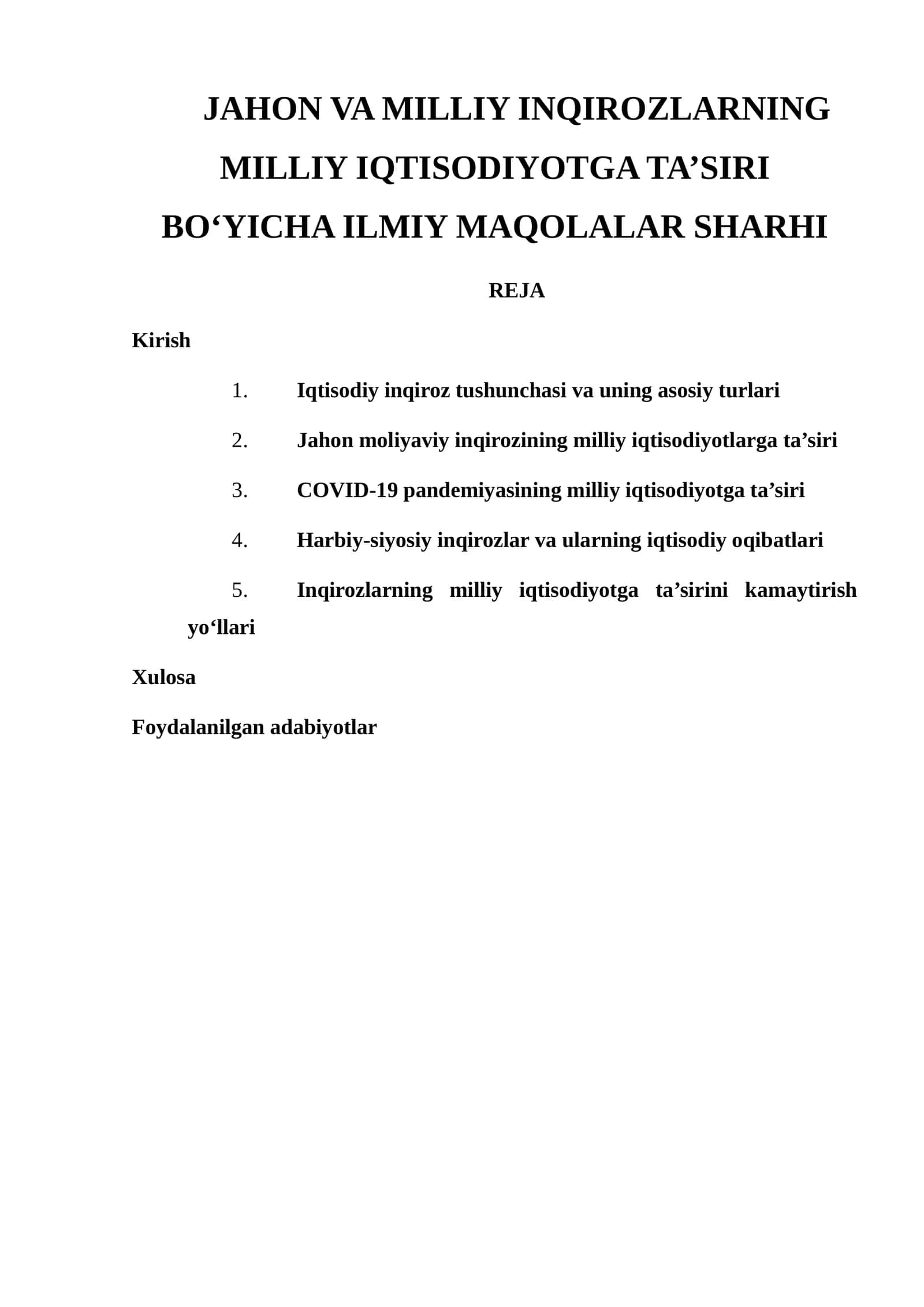 JAHON VA MILLIY INQIROZLARNING MILLIY IQTISODIYOTGA TA’SIRI BO‘YICHA ILMIY MAQOLALAR SHARHI 1