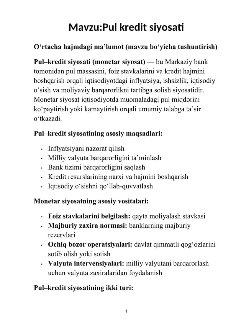 Pul kredit siyosati 1