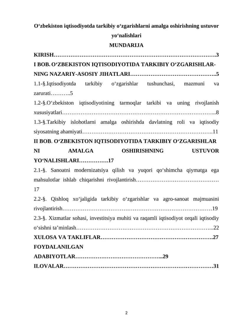 O‘zbekiston iqtisodiyotda tarkibiy o‘zgarishlarni amalga oshirishning ustuvor yo‘nalishlari 1