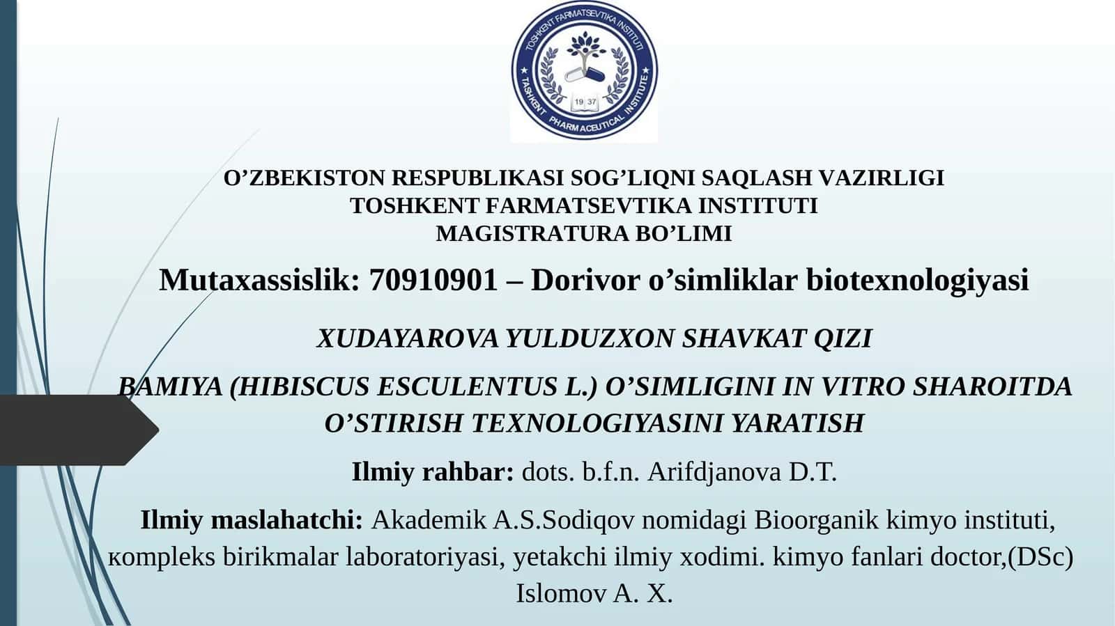 BAMIYA (HIBISCUS ESCULENTUS L.)O’SIMLIGINIIN VITROSHAROITDA O’STIRISH TEXNOLOGIYASINI YARATISH 1