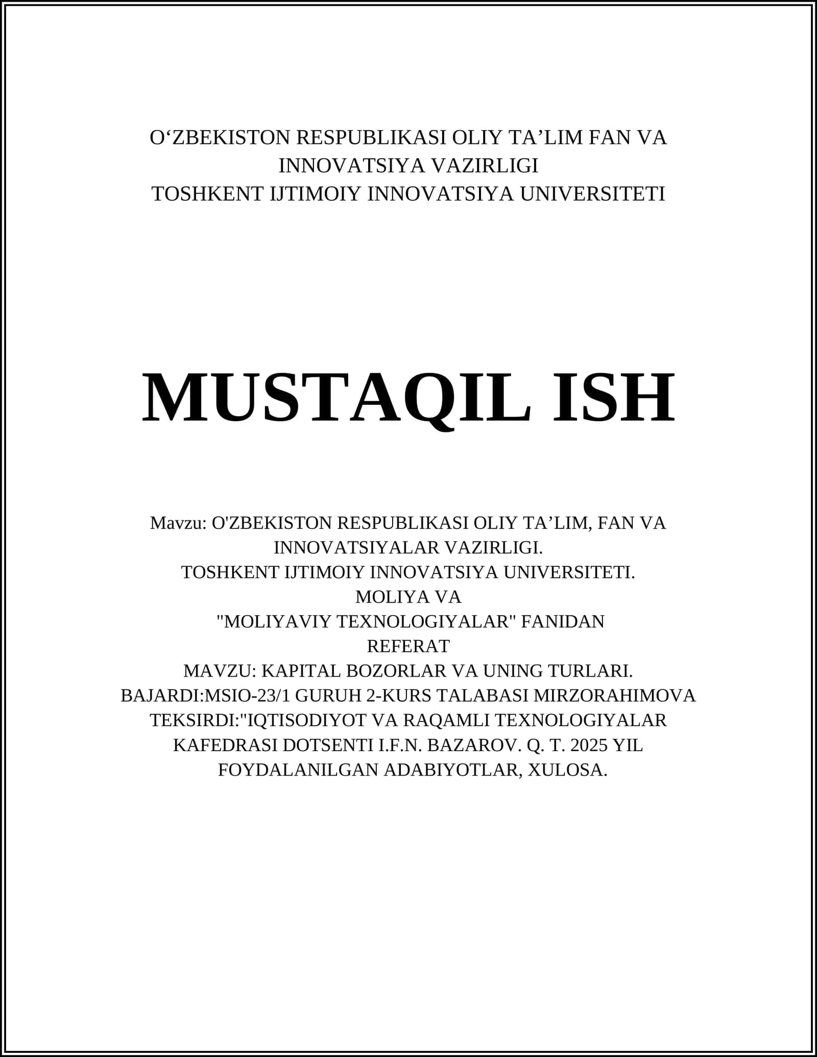 KAPITAL BOZORLARI VA UNING TURLARI 1