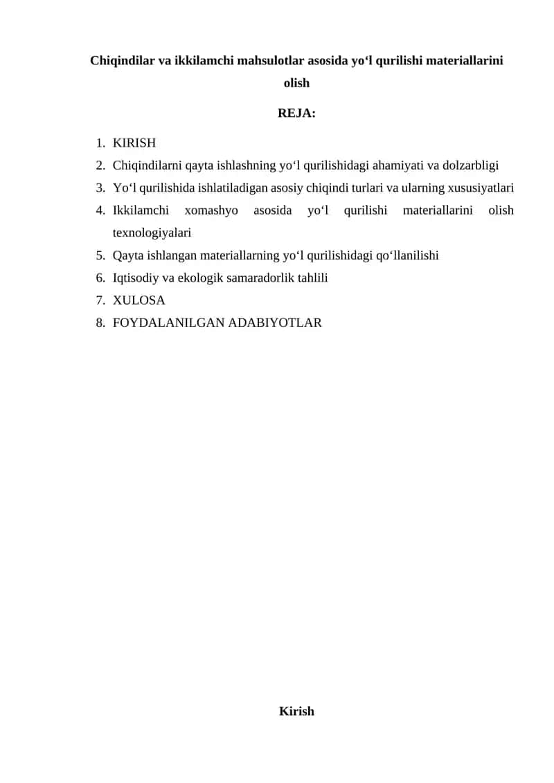 Chiqindilar va ikkilamchi mahsulotlar asosida yo‘l qurilishi materiallarini olish 1