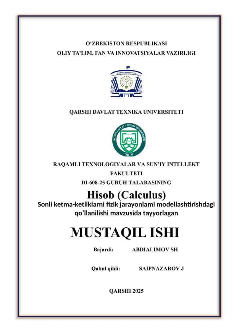 Sonli ketma-ketliklarni fizik jarayonlami modellashtirishdagi qo’llanilishi. 1