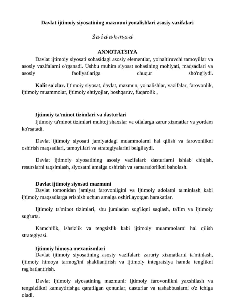 Davlat ijtimoiy siyosatining mazmuni yonalishlari asosiy vazifalari 1
