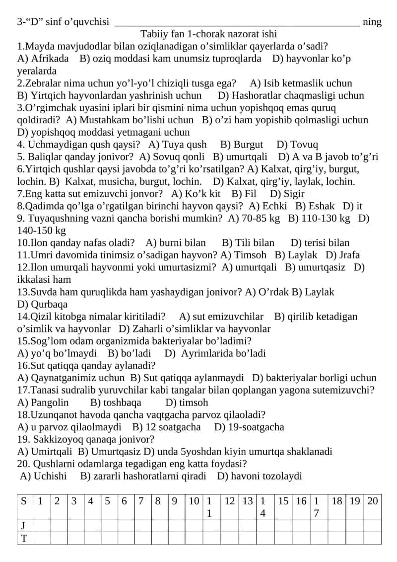 D sinf o’quvchisi Tabiiy fan 1-chorak nazorat ishi 1