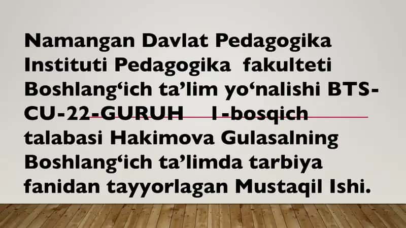 Boshlangʻich taʼlimda Tarbiya Fanidan Tayyorlangan Mustaqil Ish 1