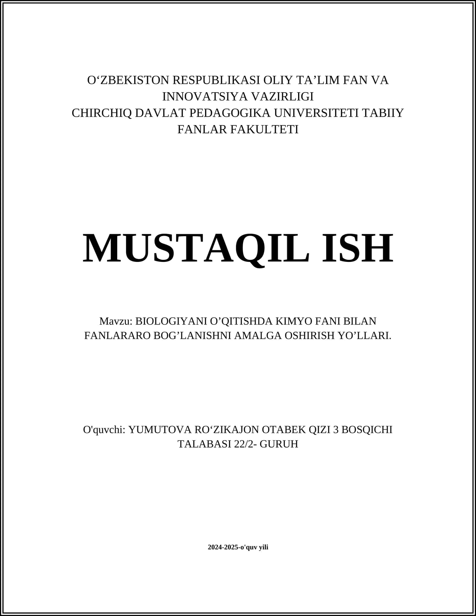BIOLOGIYANI O’QITISHDA KIMYO FANI BILAN FANLARARO BOG’LANISHNI AMALGA OSHIRISH YO’LLARI 1