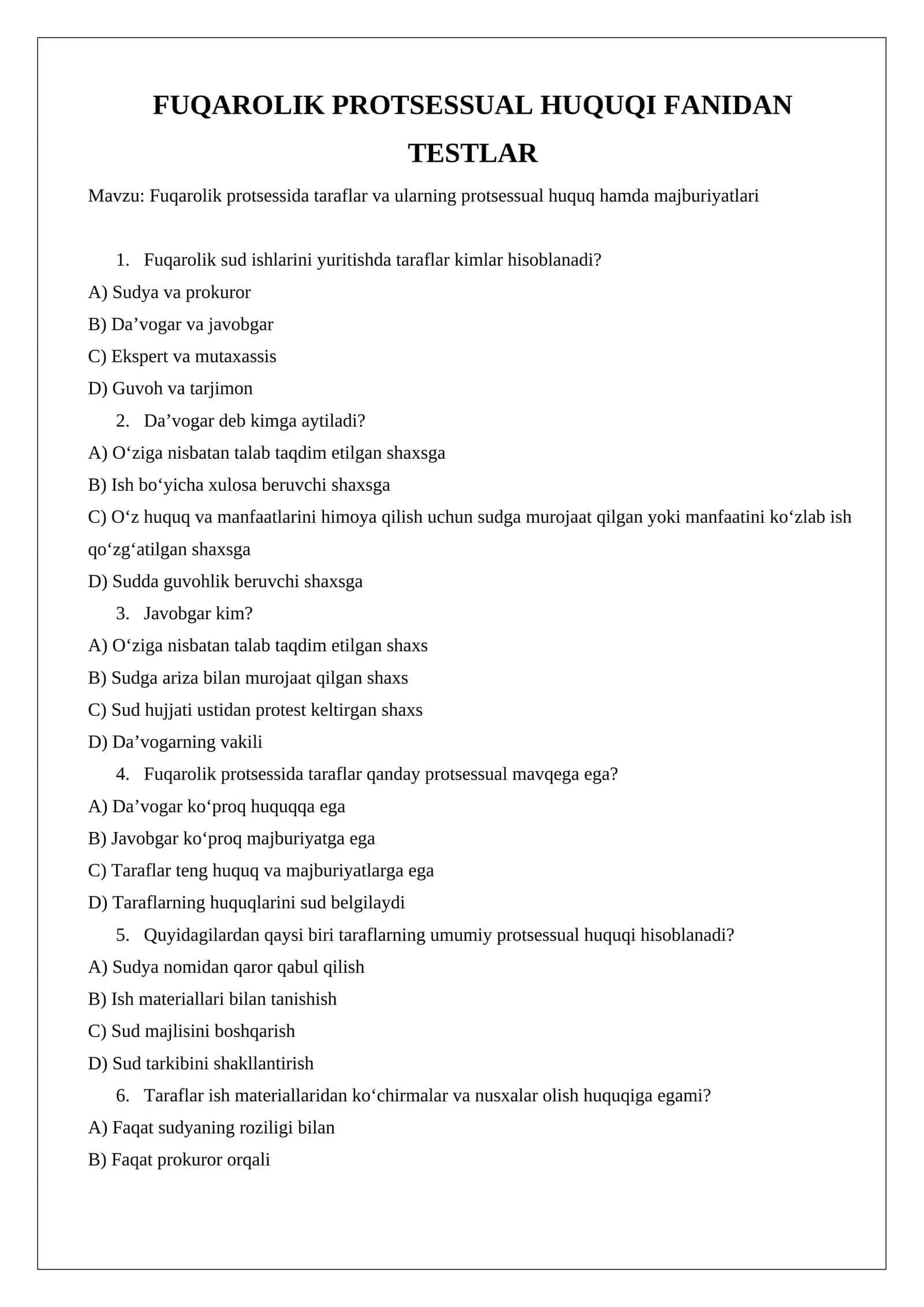 Fuqarolik protsessida taraflar va ularning protsessual huquq hamda majburiyatlari 1