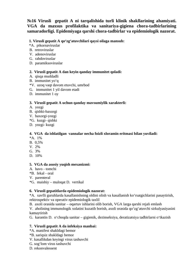 Virusli gepatit A ni tarqalishida turli klinik shakllarining ahamiyati. VGA da maxsus profilaktika va sanitariya-gigiena chora-tadbirlarining samaradorligi. Epidemiyaga qarshi chora-tadbirlar va epidemiologik nazorat 1