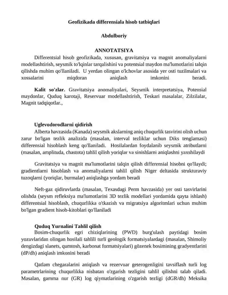 Geofizikada differensiala hisob tatbiqlari