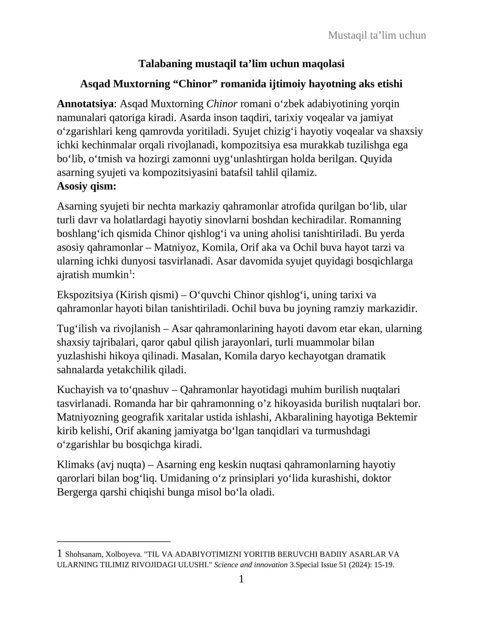 Asqad Muxtorning "Chinor" romani 1