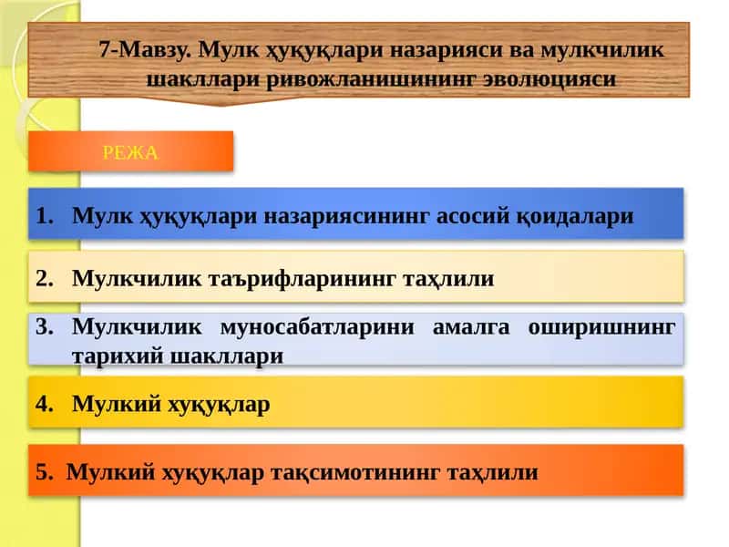 Мулк ҳуқуқлари назарияси ва мулкчилик шакллари ривожланишининг эволюцияси 1