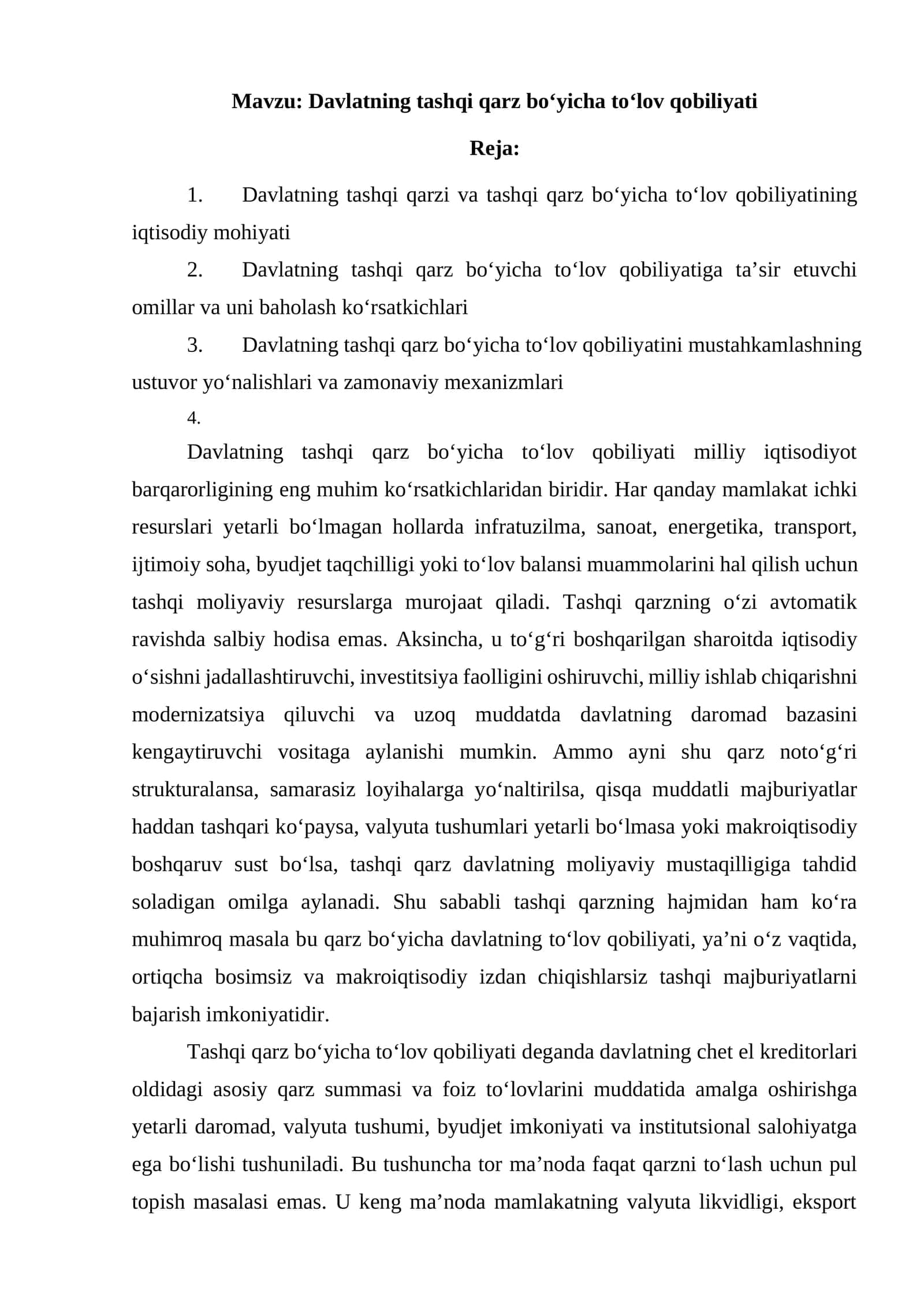 Davlatning tashqi qarz bo‘yicha to‘lov qobiliyati 1
