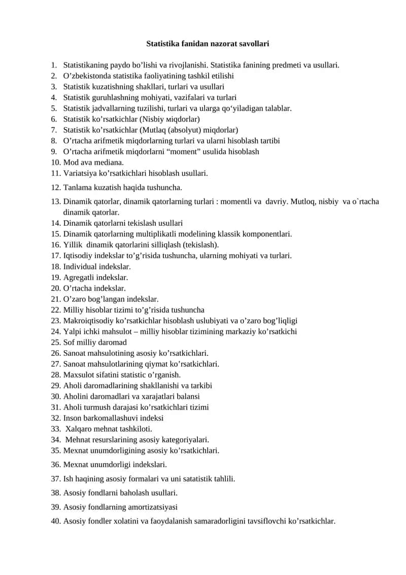 Statistika fanidan nazorat savollari 1