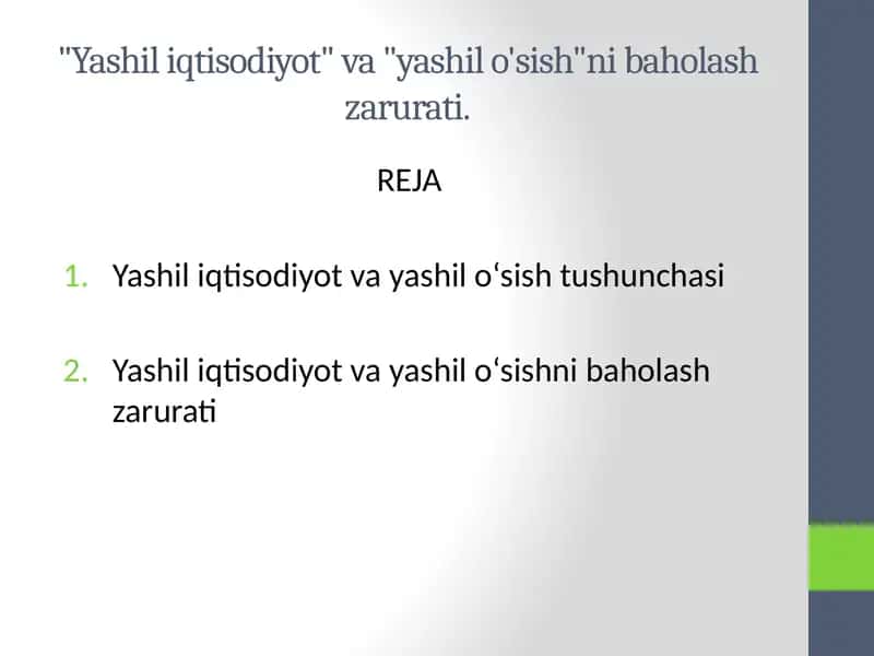 Yashil iqtisodiyot va yashil o'sishni baholash zarurati 1