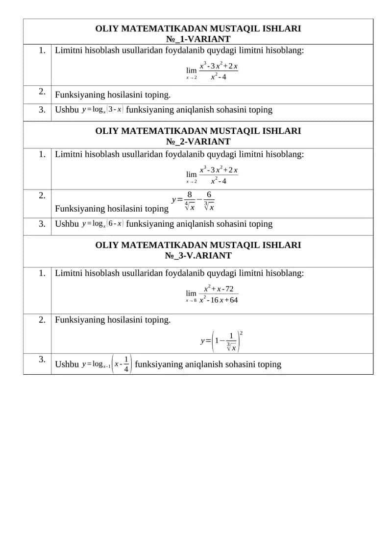OLIY MATEMATIKADAN MUSTAQIL ISHLARI 1
