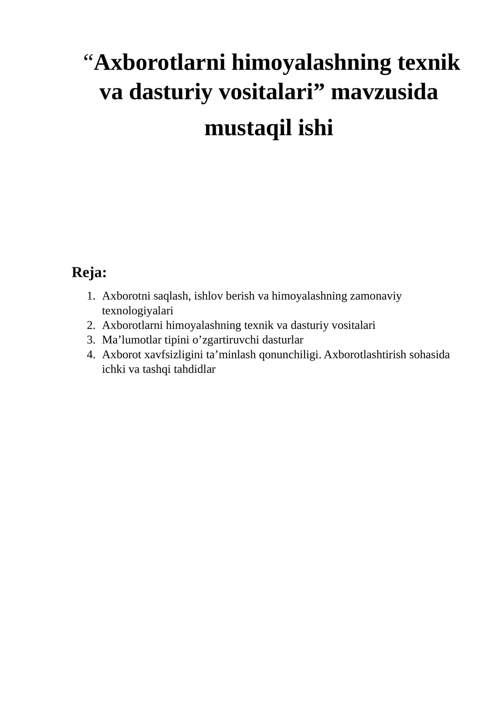 Axborotlarni himoyalashning texnik va dasturiy vositalari 1