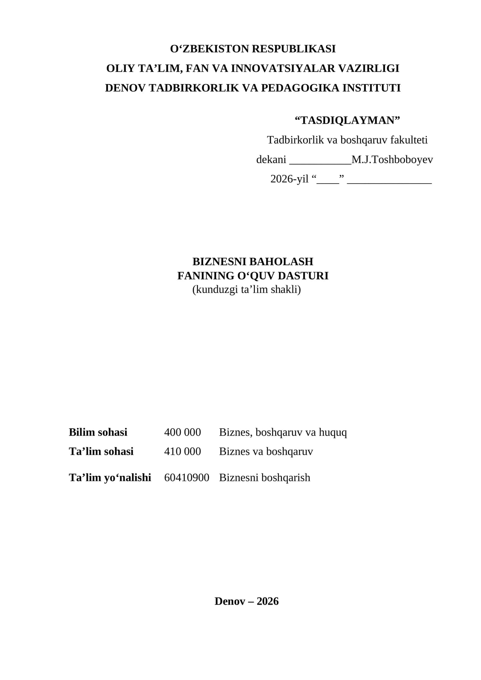 BIZNESNI BAHOLASH FANINING OʻQUV DASTURI 1
