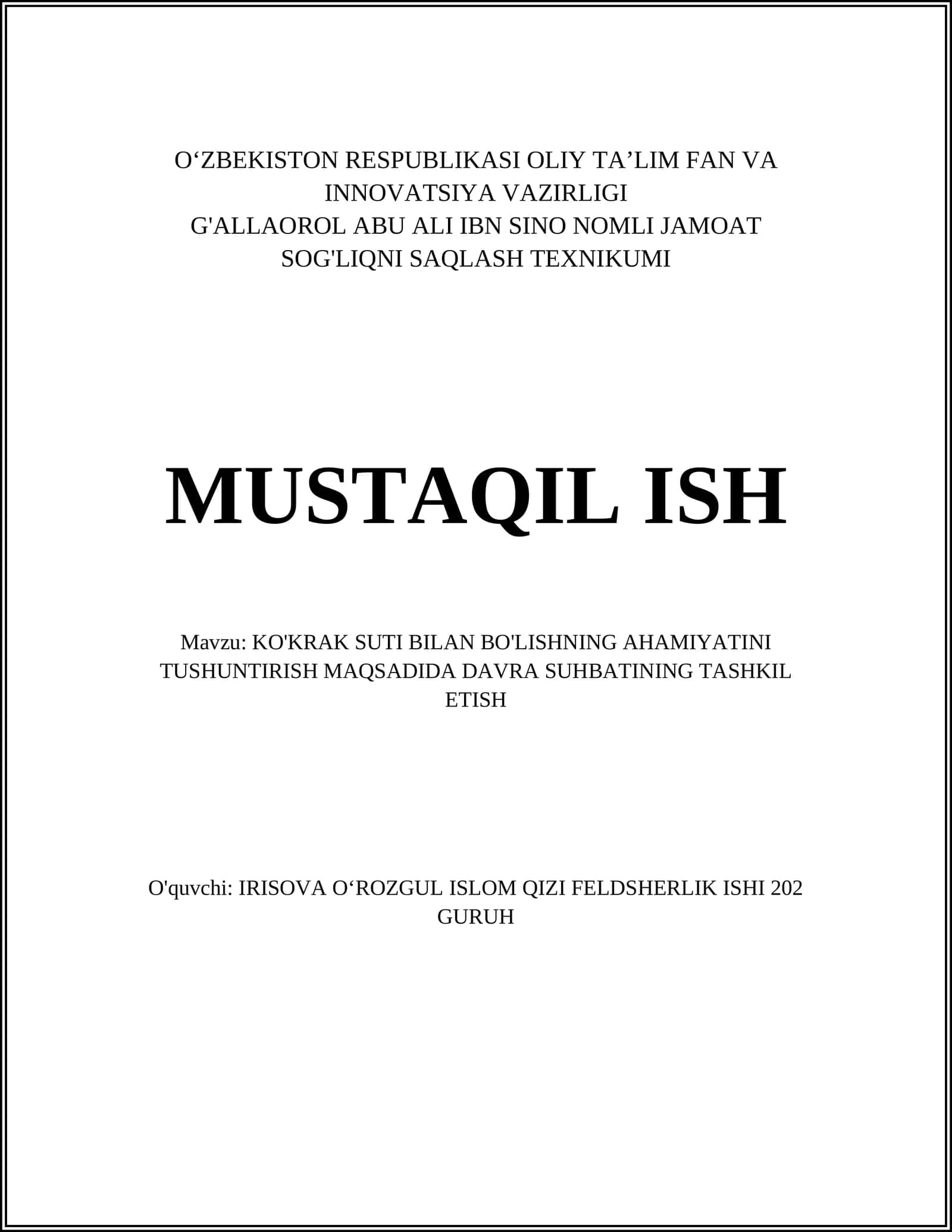 KO'KRAK SUTI BILAN BO'LISHNING AHAMIYATINI TUSHUNTIRISH MAQSADIDA DAVRA SUHBATINING TASHKIL ETISH 1