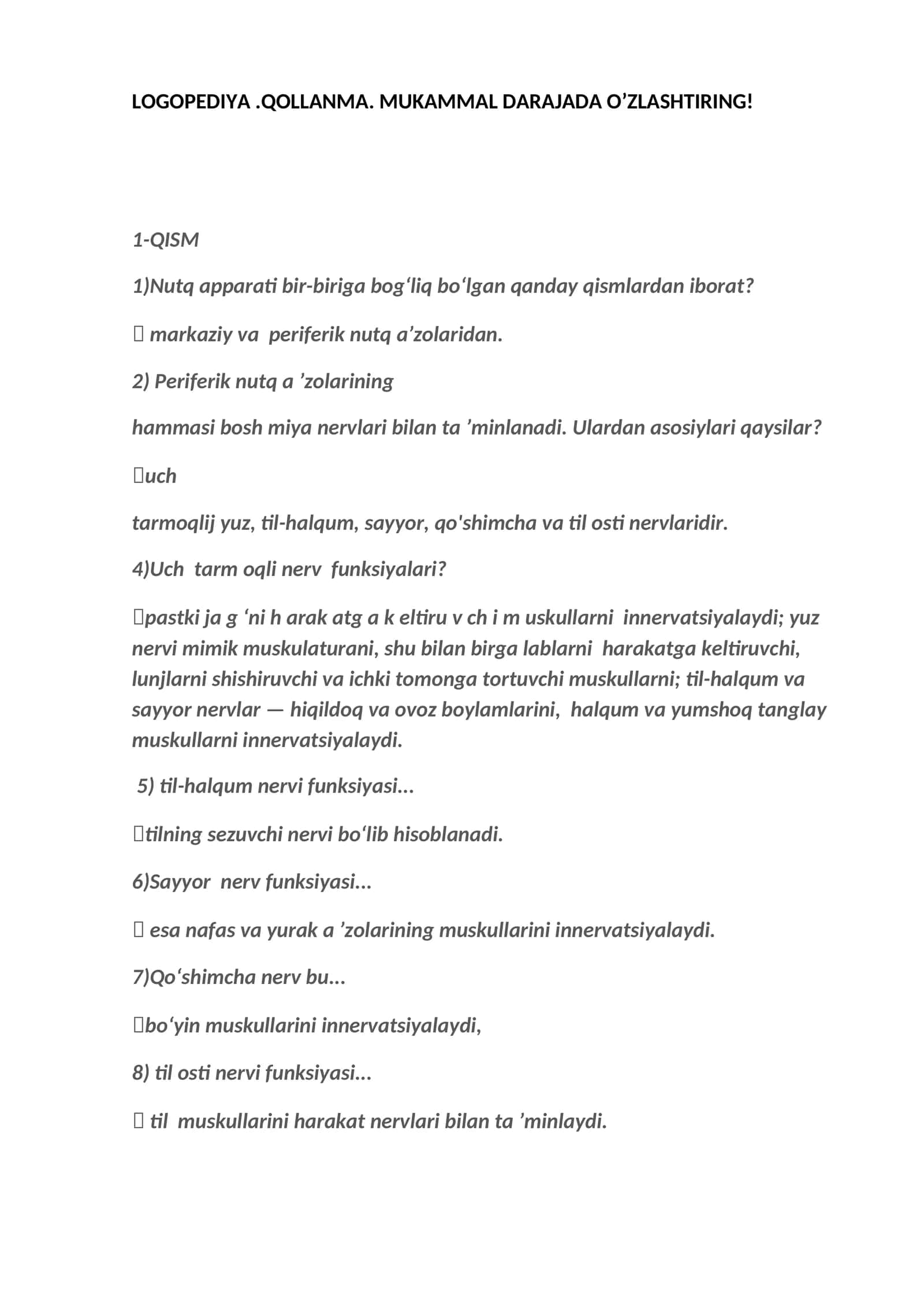 LOGOPEDIYA.QOLLANMA. MUKAMMAL DARAJADA O’ZLASHTIRING! 1-QISM 1