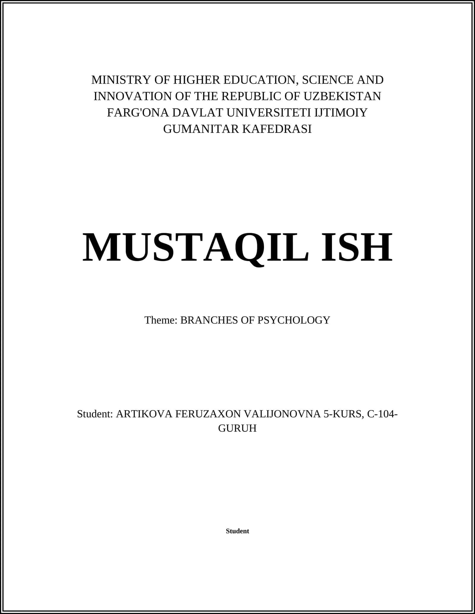 MUSTAQIL ISH: BRANCHES OF PSYCHOLOGY 1