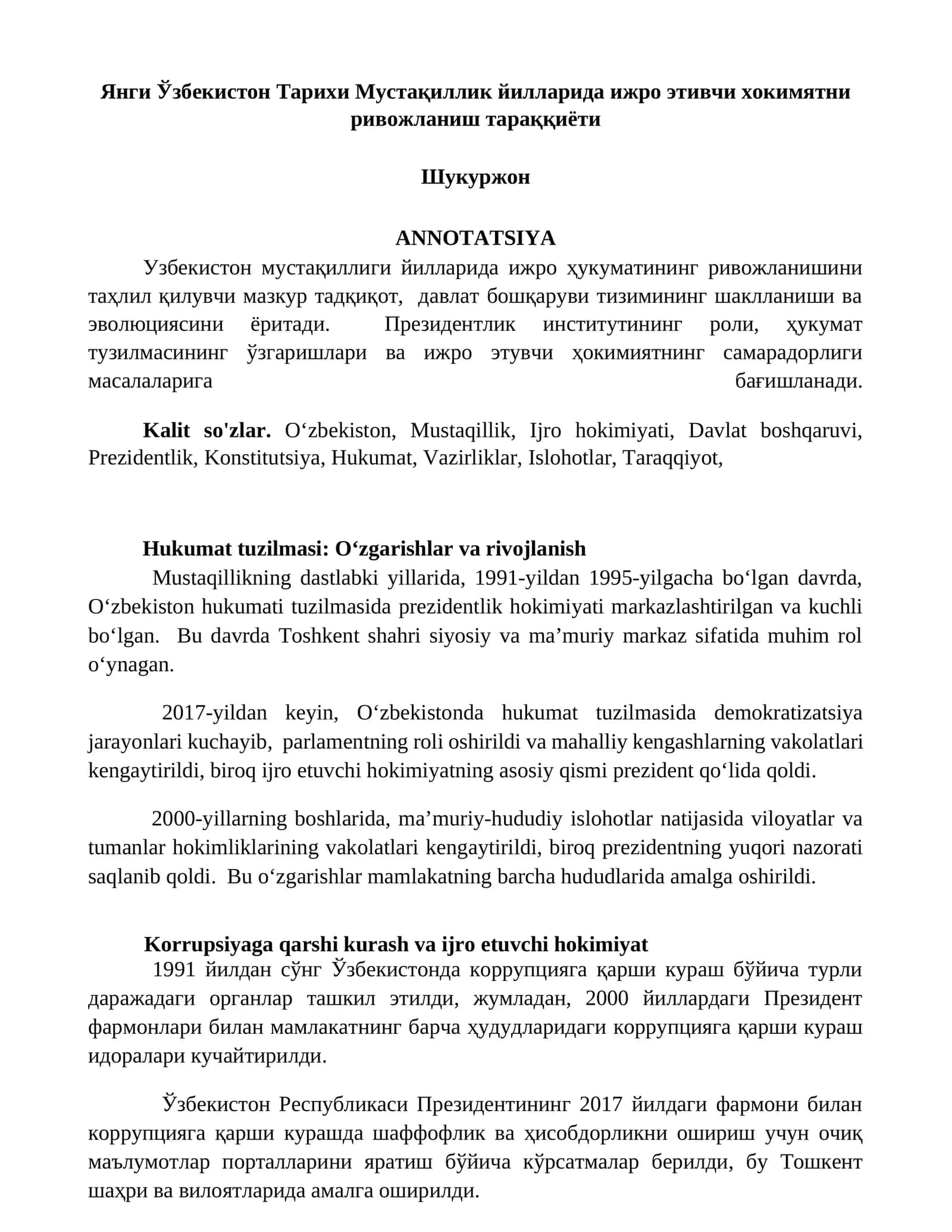 Янги Ўзбекистон Тарихи Мустақиллик йилларида ижро этивчи хокимятни ривожланиш тараққиёти 1