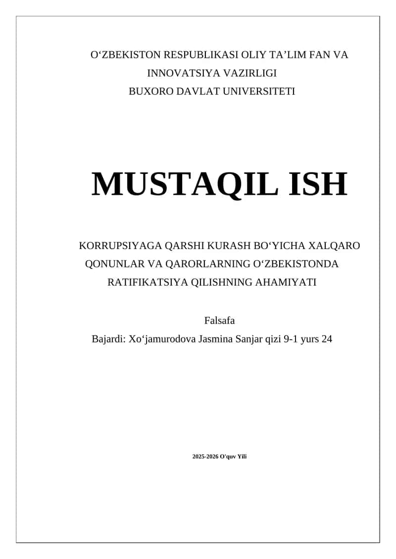 Korrupsiyaga qarshi kurash boʻyicha xalqaro qonunlar va qarorlarning Oʻzbekistonda ratifikatsiya qilishning ahamiyati 1