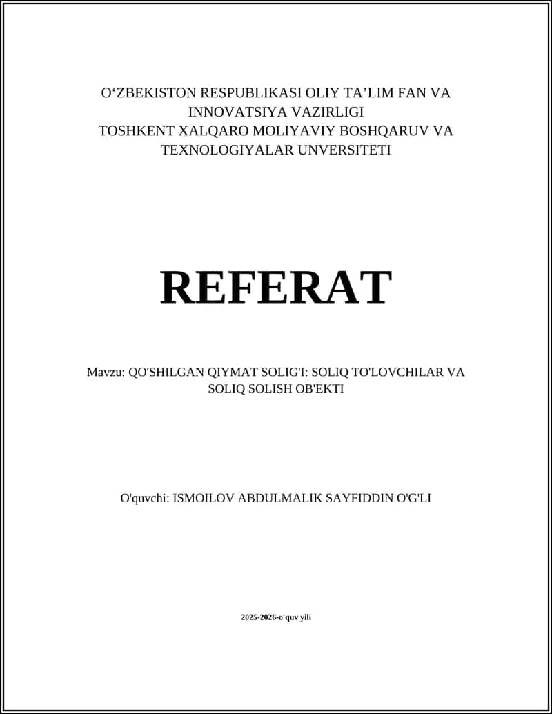 QO'SHILGAN QIYMAT SOLIG'I REFERAT 1
