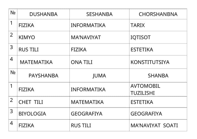 Dars jadvali 1