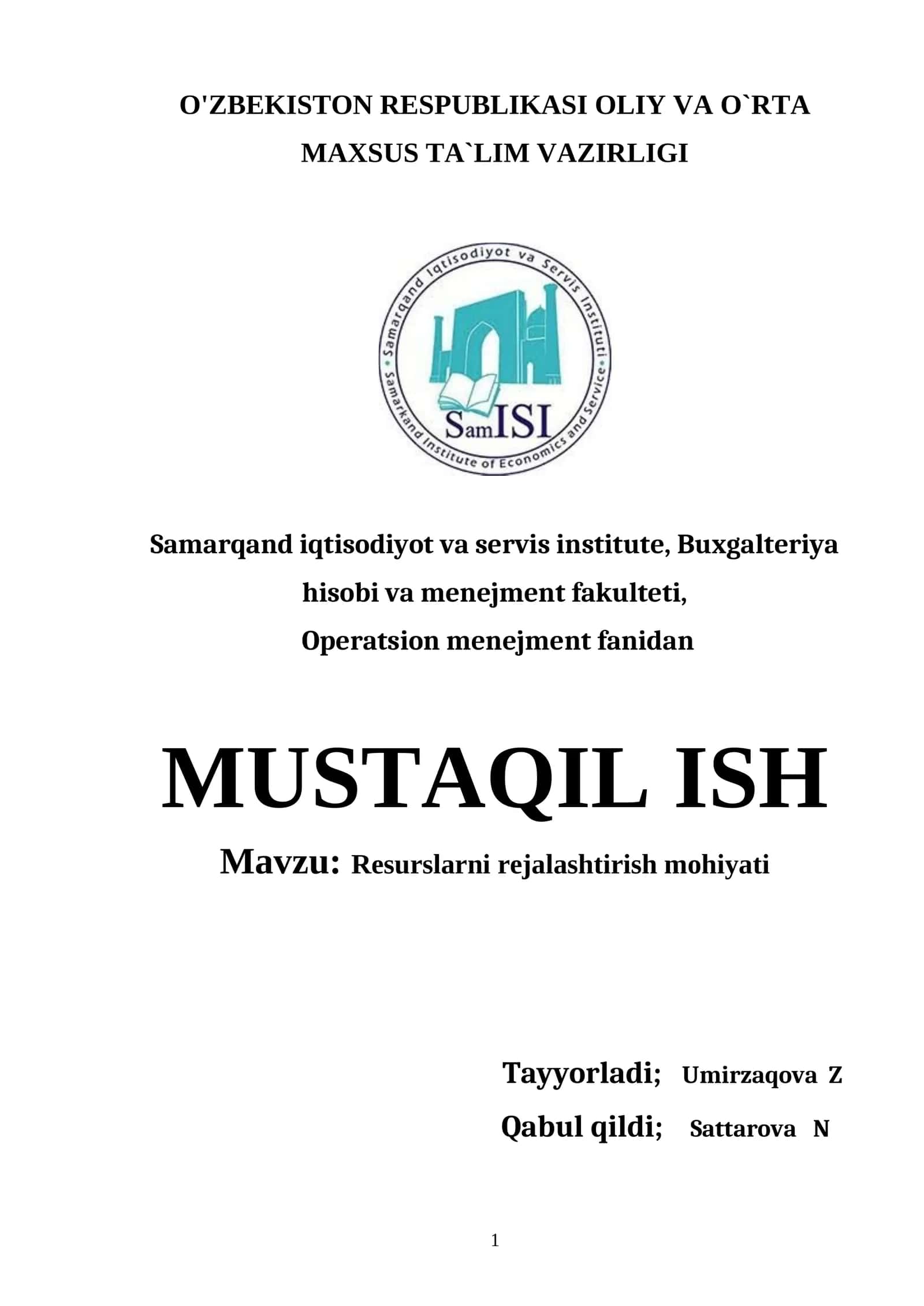 Mustaqil ish: Resurslarni rejalashtirish mohiyati 1