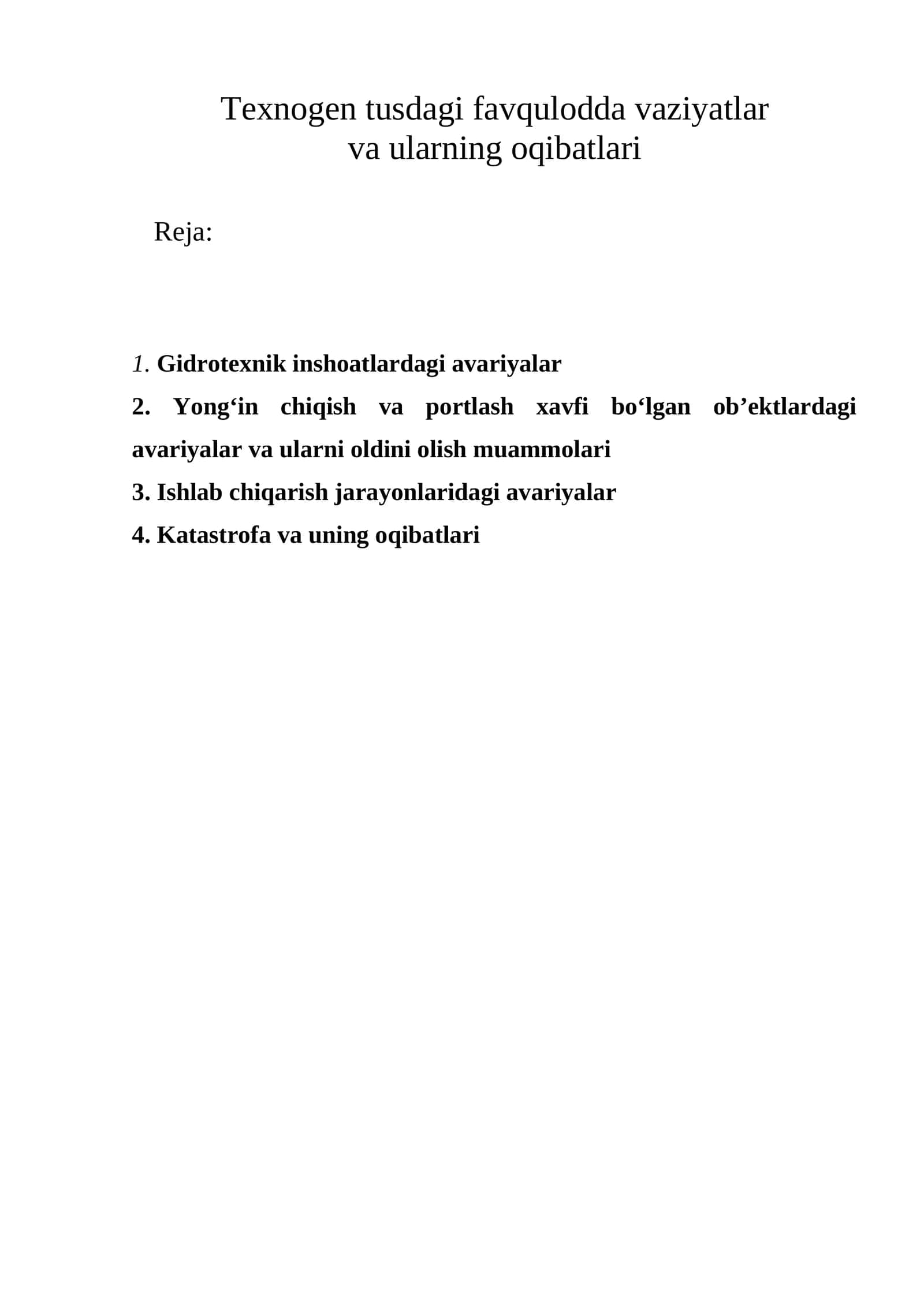 Texnogen tusdagi favqulodda vaziyatlar va ularning oqibatlari 1