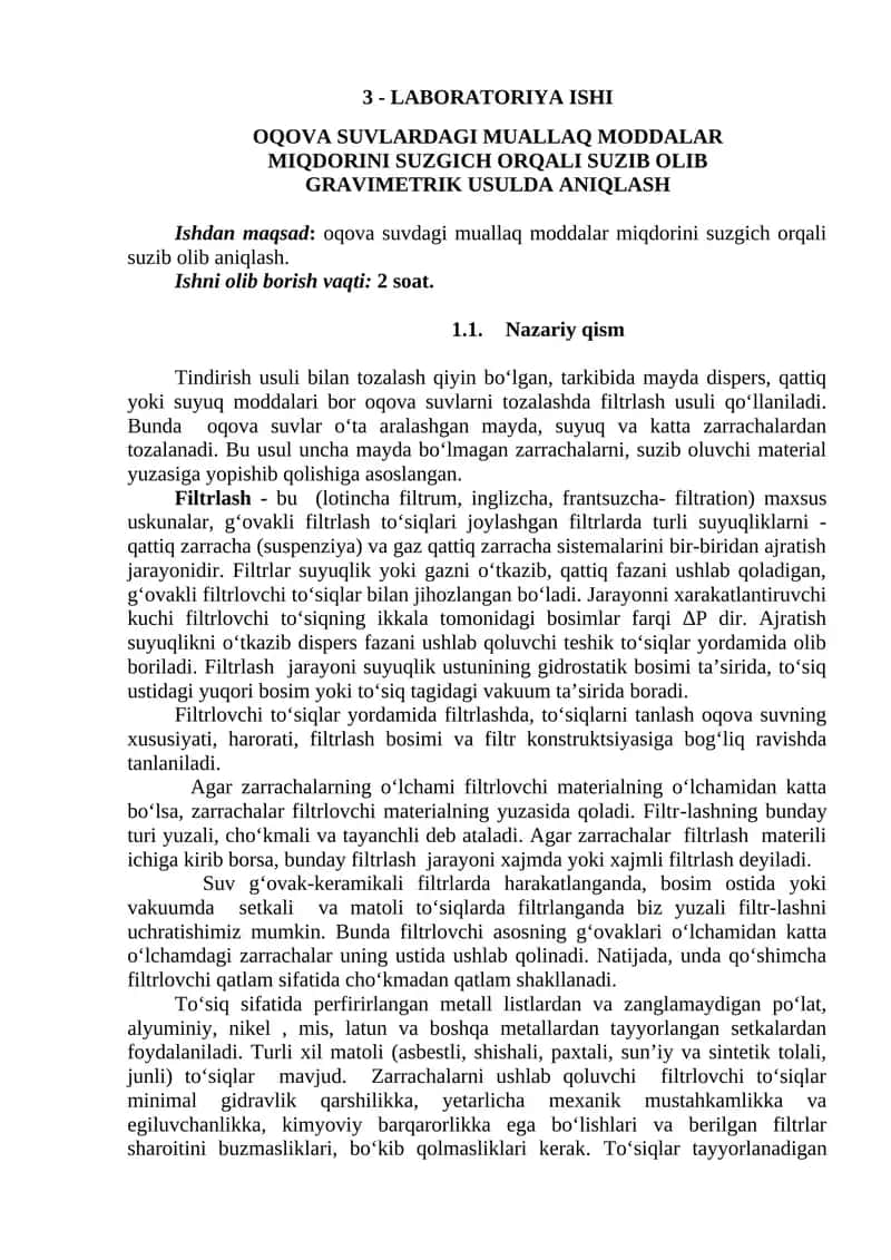 LABОRАTОRIYA ISHI - OQOVA SUVLARDAGI MUALLAQ MОDDALAR MIQDОRINI SUZGICH ОRQALI SUZIB ОLIB GRAVIMETRIK USULDA ANIQLASH 1