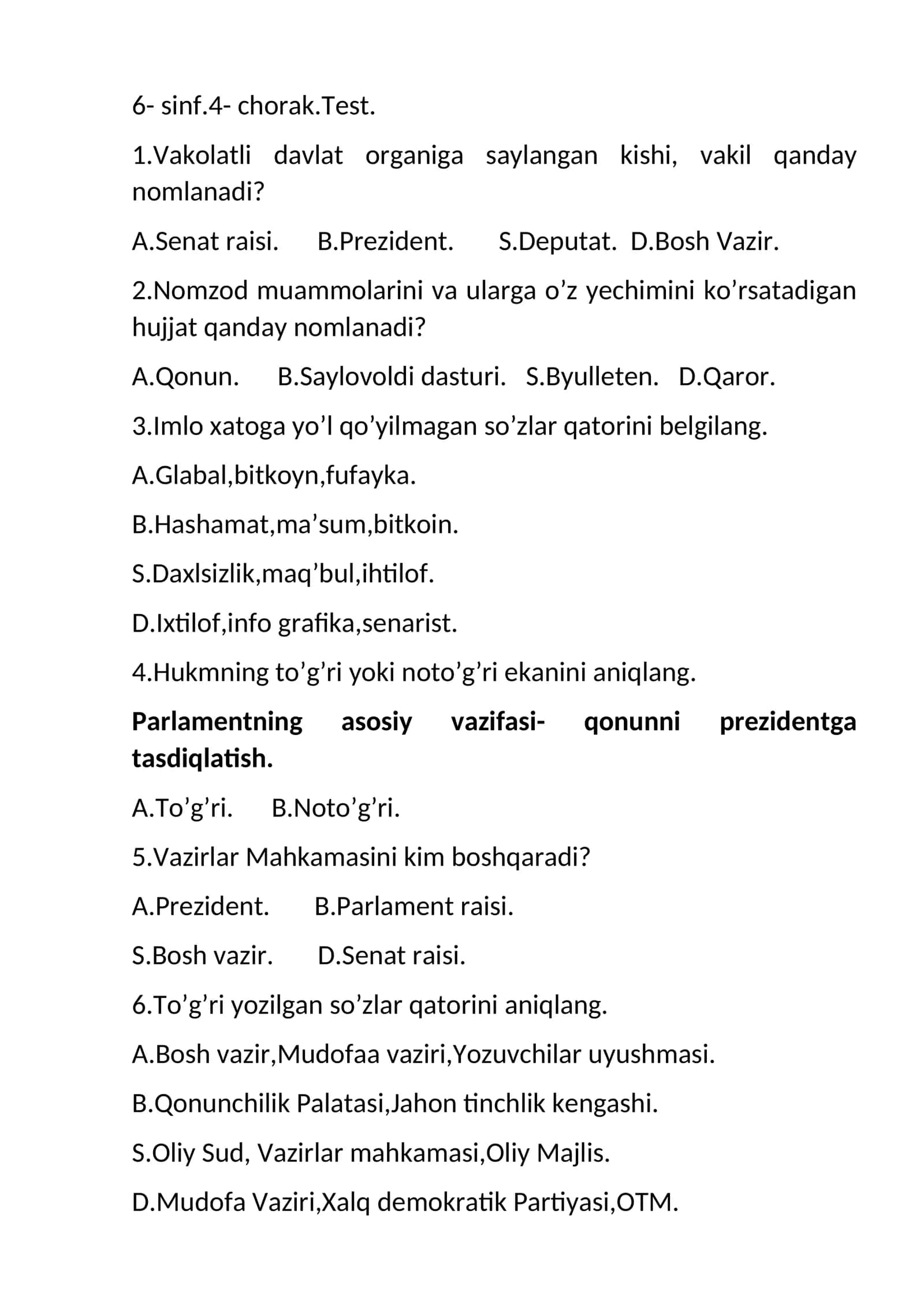 6-sinf.4-chorak.Test 1