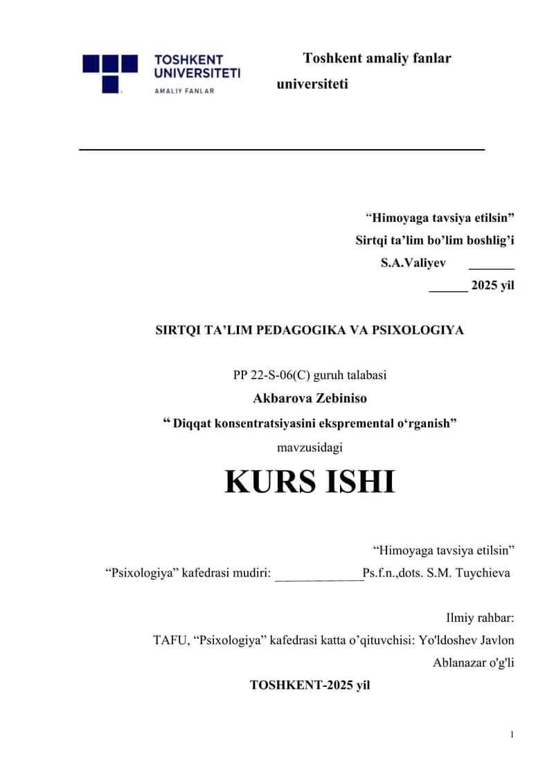 Diqqat konsentratsiyasini ekspremental o‘rganish. 1