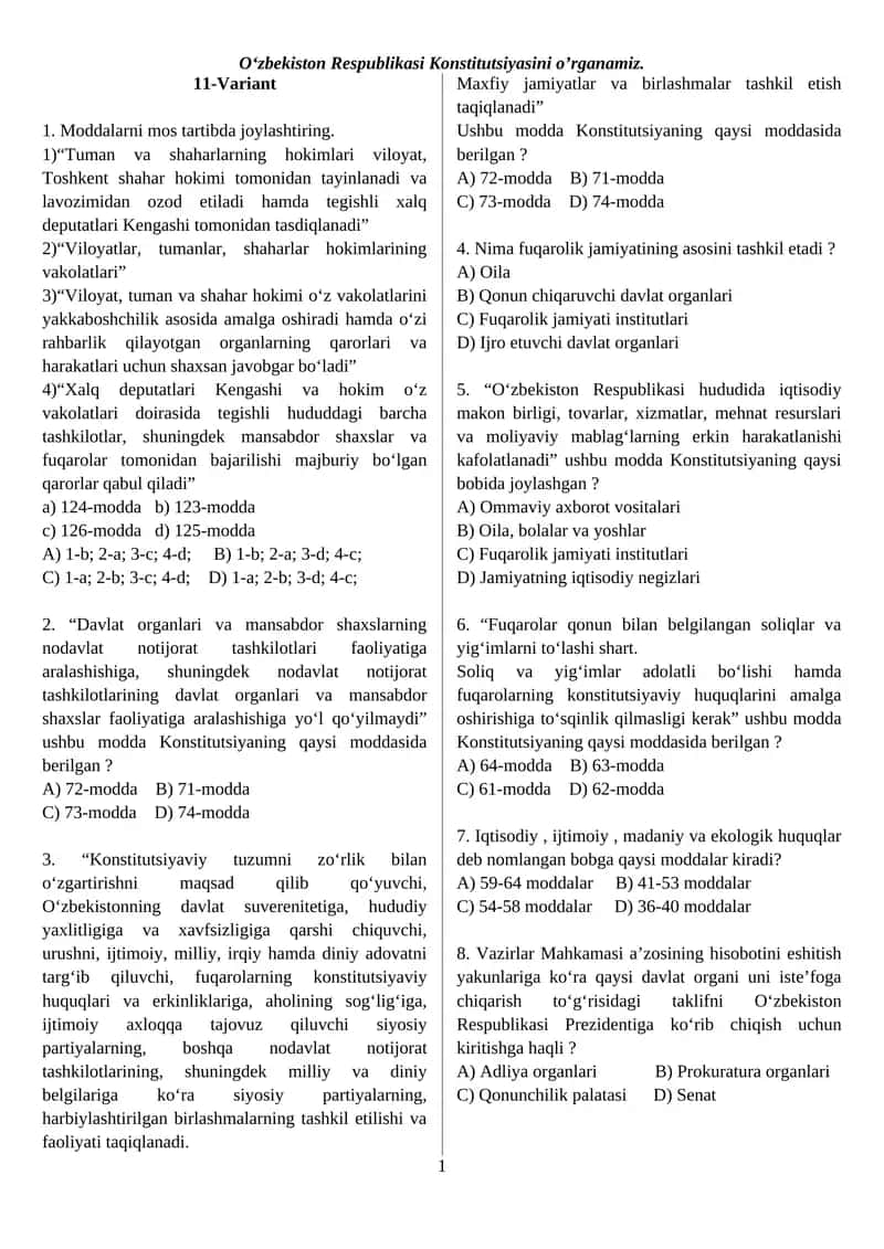 Oʻzbekiston Respublikasi Konstitutsiyasini o’rganamiz 1
