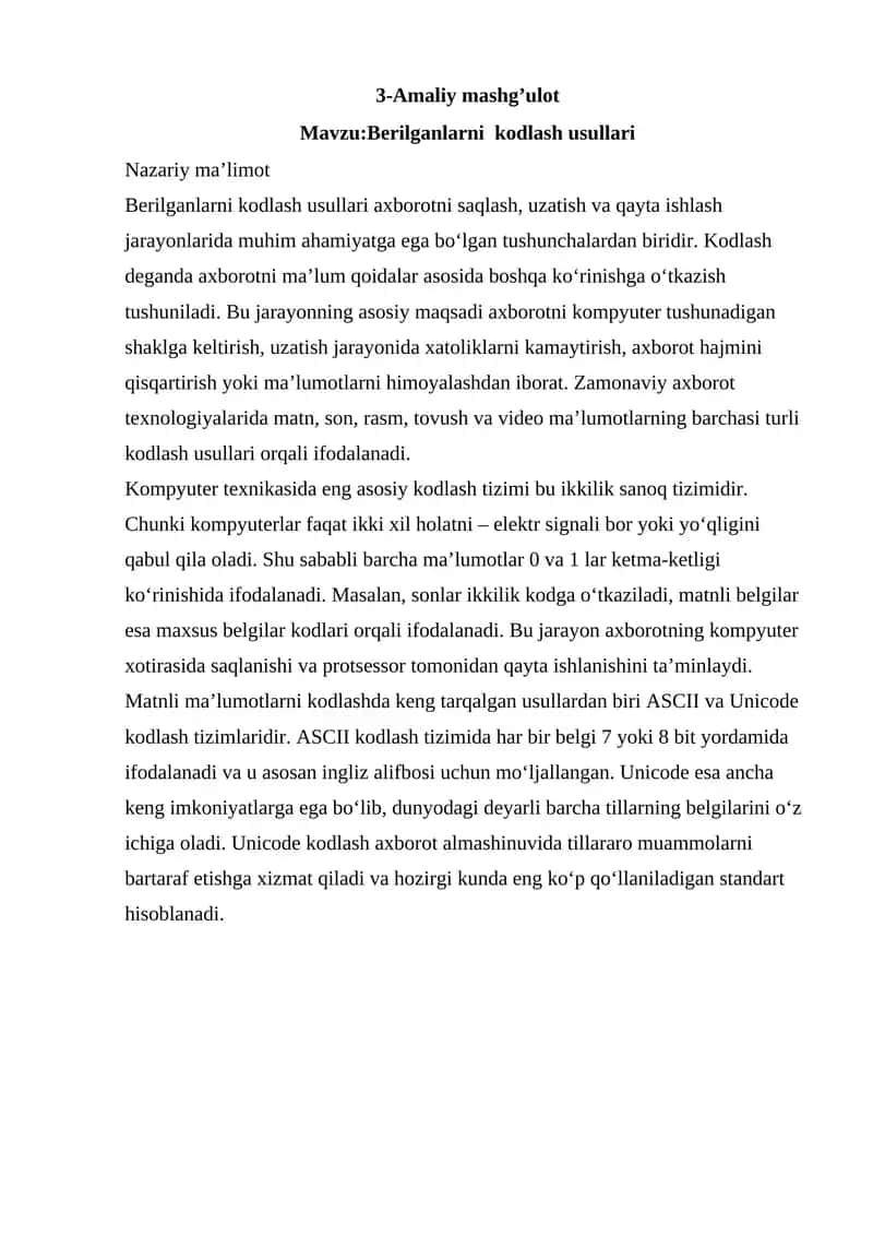 Berilganlarni kodlash usullari 1