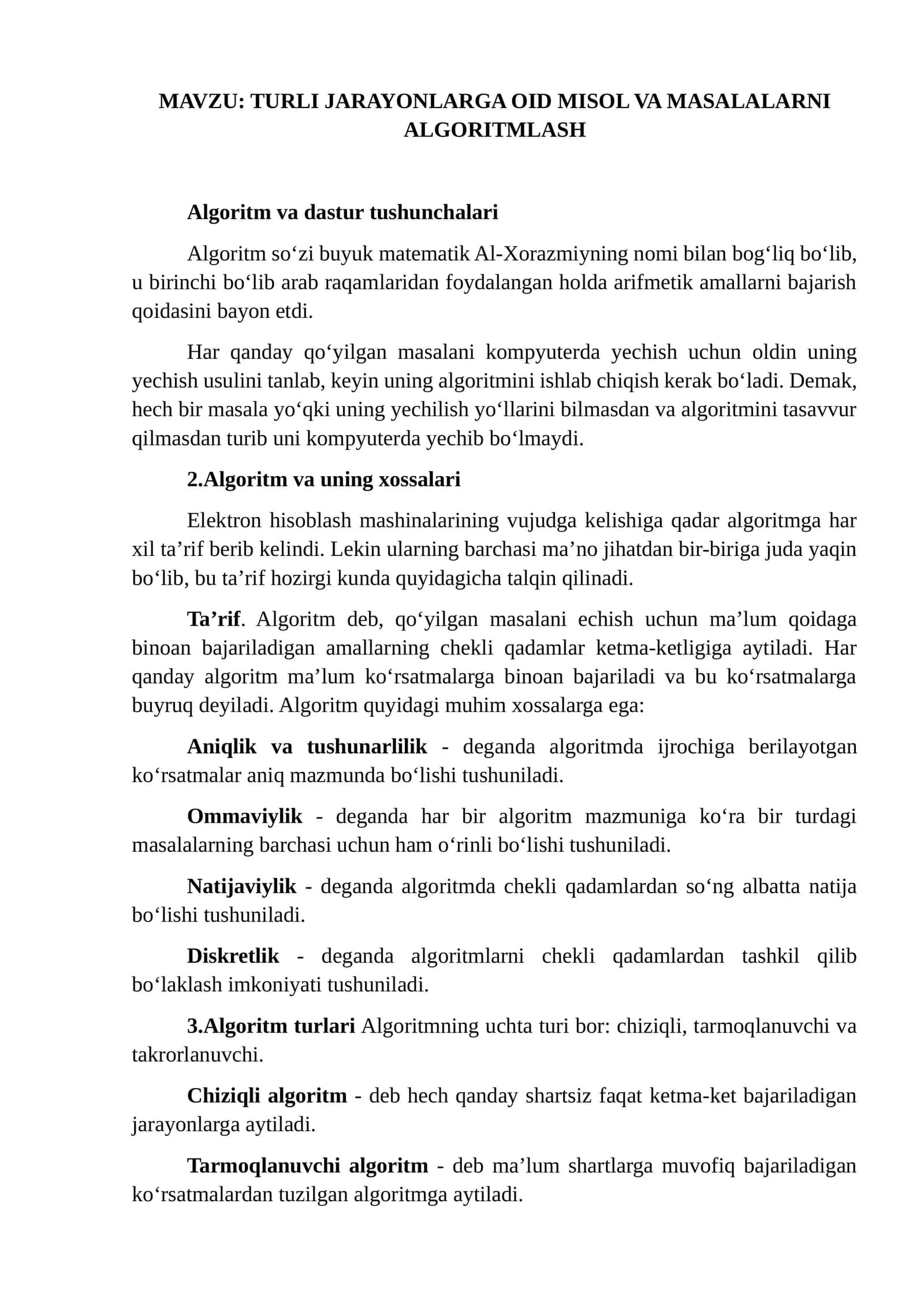 TURLI JARAYONLARGA OID MISOL VA MASALALARNI ALGORITMLASH 1