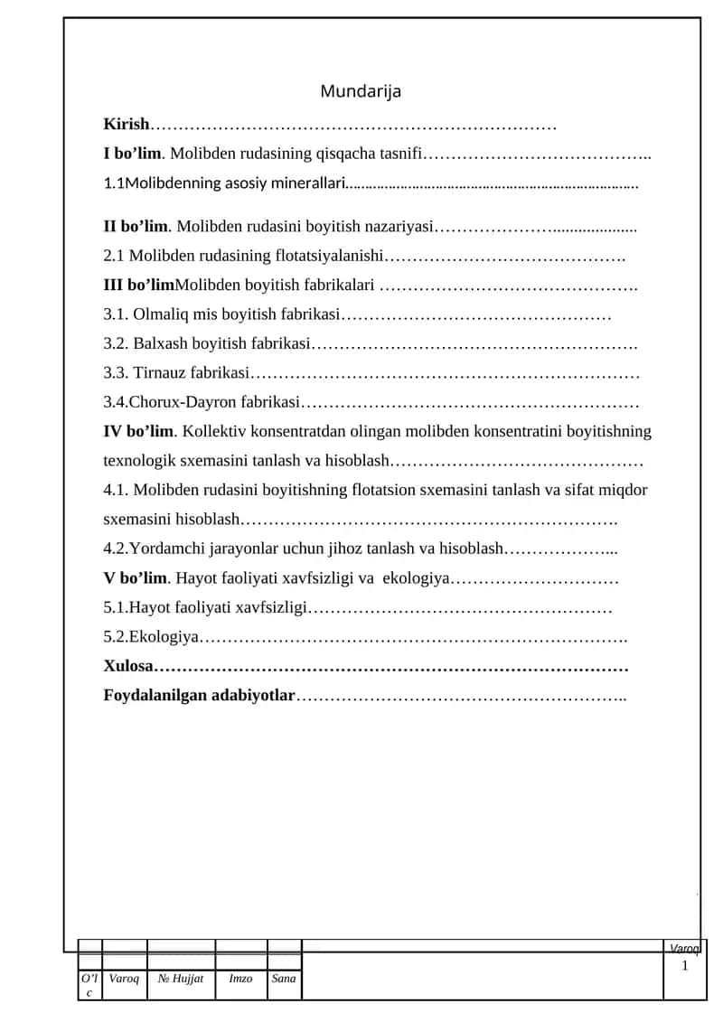 Molibden boyitish texnologiyalari kurs ishi 1