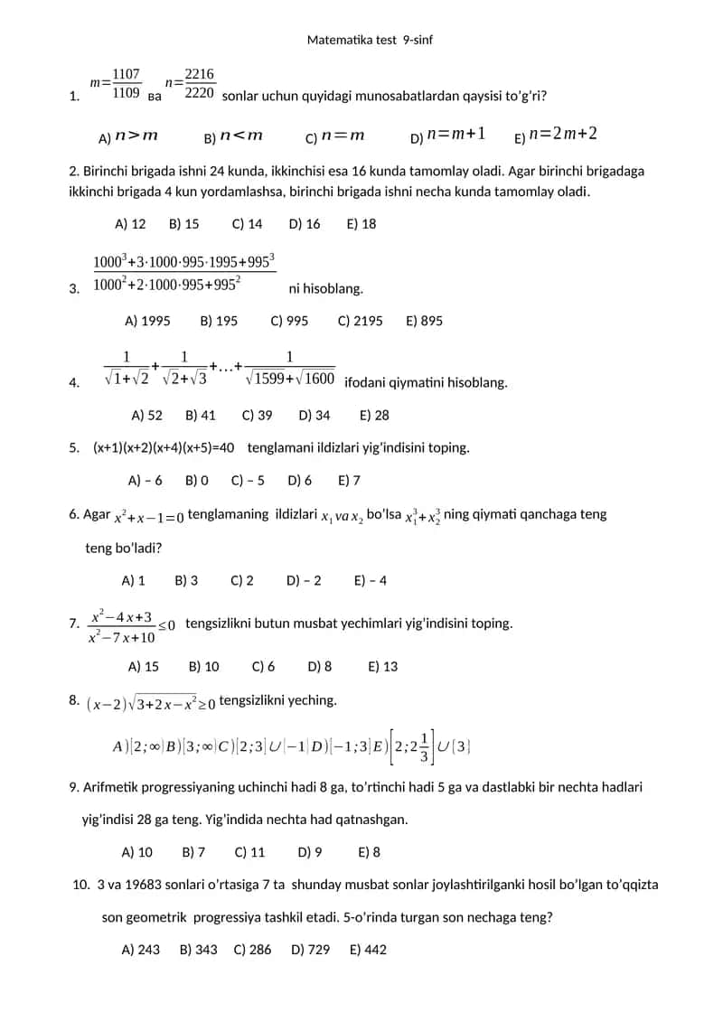Matematikadan Olimpiada savollari 1