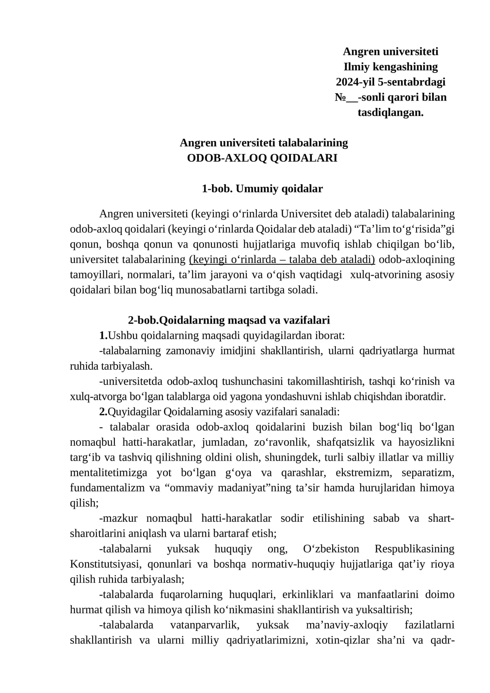 Angren universiteti talabalarining ODOB-AXLOQ QOIDALARI 1