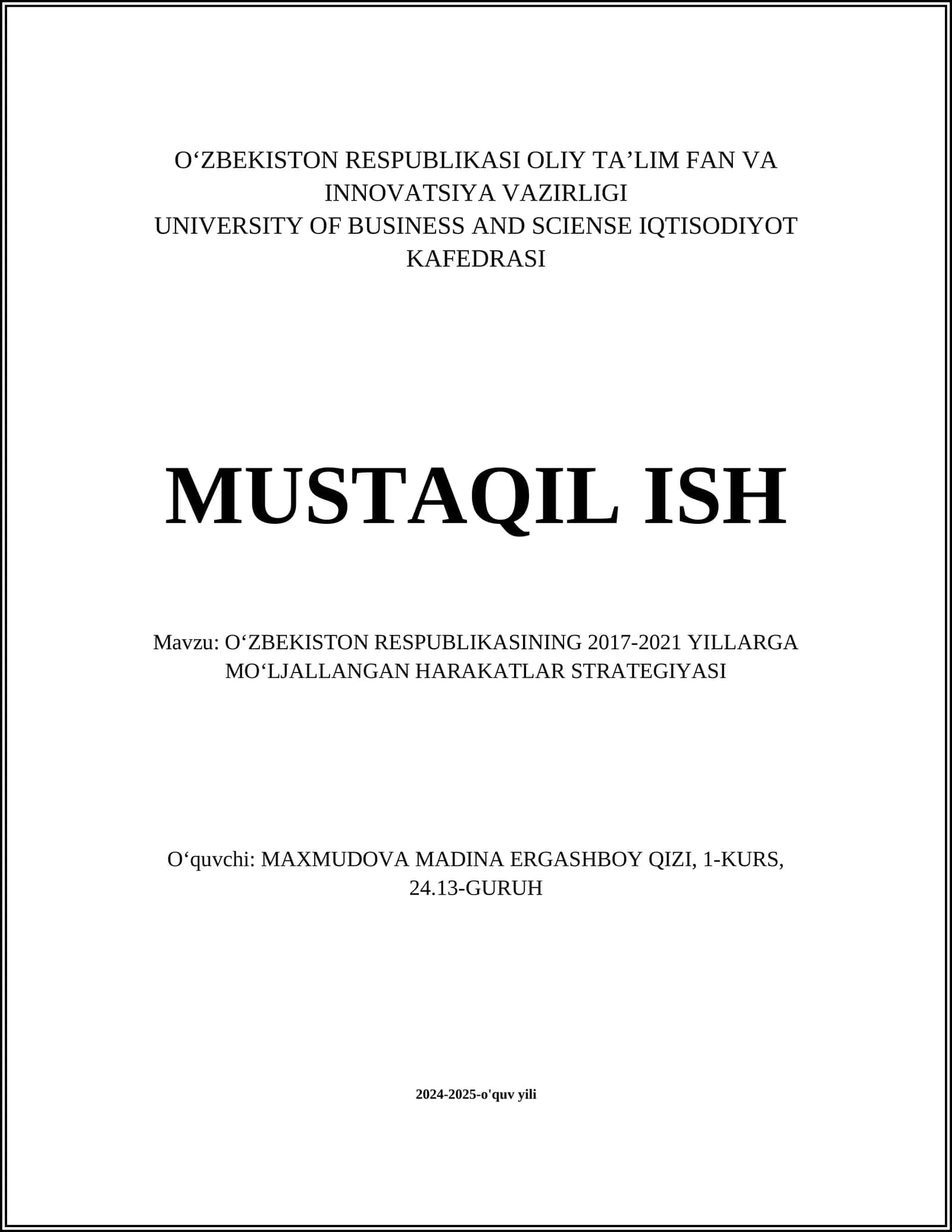 OʻZBEKISTON RESPUBLIKASINING 2017-2021 YILLARGA MOʻLJALLANGAN HARAKATLAR STRATEGIYASI 1